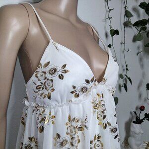 Coquette Fairy LUCY IN THE SKY Gold & White Chiffon BABYDOLL Mini SLIP DRESS XS